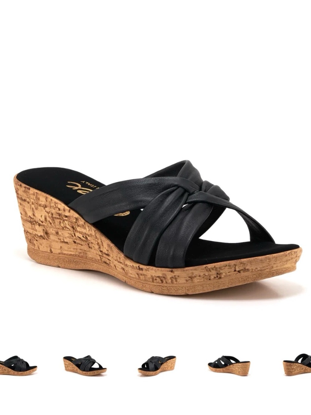 Onex Gayle Black Knotted Leather Cork Wedge Slide